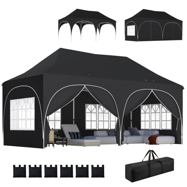 Outsunny 3 x 6m Pop Up Gazebo with Sides, Peak Top Garden Party Tent Marquee Black Black 598L x 300W x 315H cm