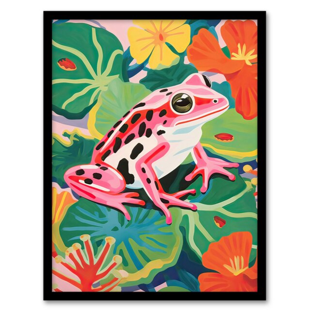 Pink On Lily Pads Vibrant Pond Amphibian Home Decor Black Framed Wall Art Print A4