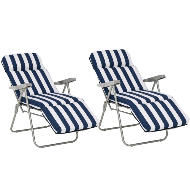 Outsunny Set of 2 Folding Sun Lounger Recliner Chairs Daybed Cushion Blue White Blue Blue