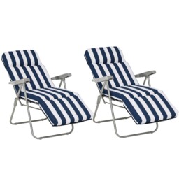 Outsunny Set of 2 Folding Sun Lounger Recliner Chairs Daybed Cushion Blue White Blue Blue