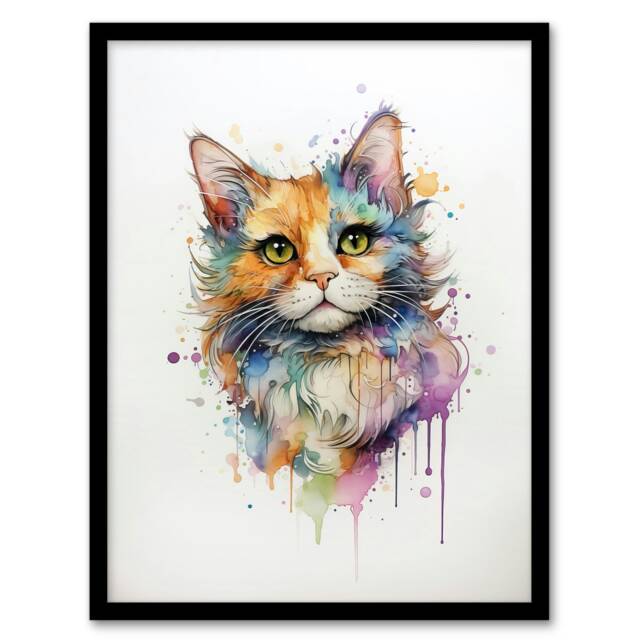 Cat Reverse Calico Watercolour Pet Portrait Black Framed Wall Art Print A4