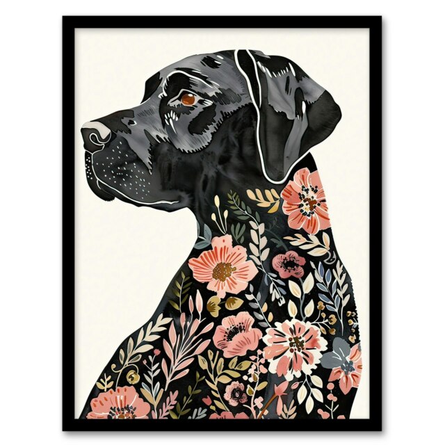 Black Labrador Dog Lover Floral Watercolour Black Framed Wall Art Print A4