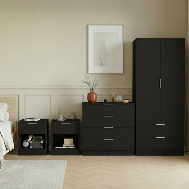 Vida Designs Trega 4 Piece Bedroom Set (1 Drawer Bedside Chest x2, 4 Drawer Chest, 2 Door 2 Drawer Wardrobe) Black