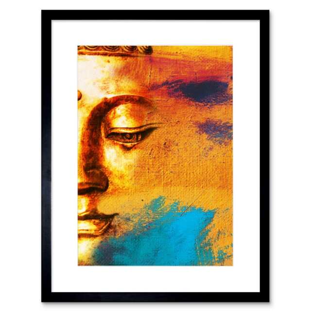 "Buddha Statue Face Gold Amber Blue Abstract 9x7"" Black Framed Wall Art Print"