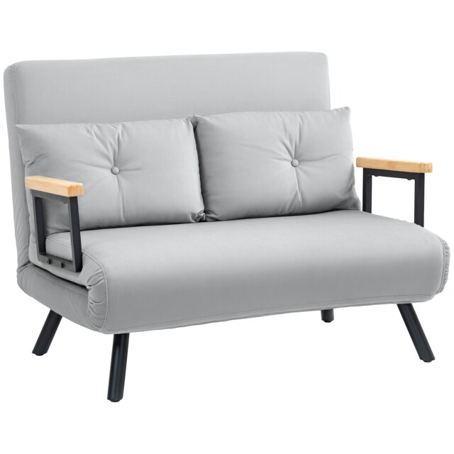 HOMCOM 2 Seater Sofa Bed, Click Clack Convertible Bed Settee, Modern Velvet Feel Fabric Sofa Couch with 2 Tufted Cushions, Wood Armrests for Living Room, Bedroom, Guest Room, Light Grey Grey grey One Size