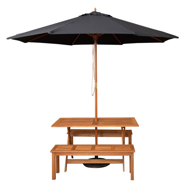 Outdoor 4 Person Rectangular Wooden Garden Dining Table, 2 Benches with Black Parasol and Base Set