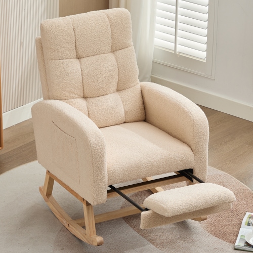 VILUXE Bouclé Rocking Chair with Adjustable Retractable Footrest, High Back, Solid Wood Frame and Side Pockets, Beige, 50 x 92 x 99cm