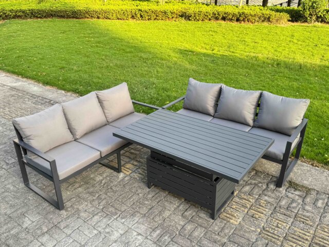 Fimous 3 Pieces Garden Furniture Set Aluminium Adjustable Rising Lifting Dining Table and Sofa Set with Cushions Dark Grey