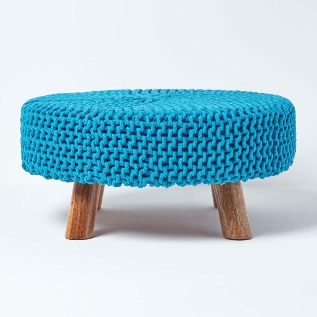 Homescapes Teal Blue Large Round Cotton Knitted Footstool on Legs