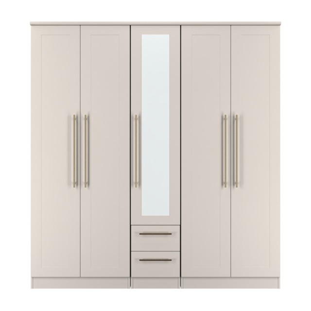 Helmsley Tall 5 Door 2 Drawer Single Mirror Wardrobe in Kashmir Matt (Ready Assembled) Cream Kashmir Matt