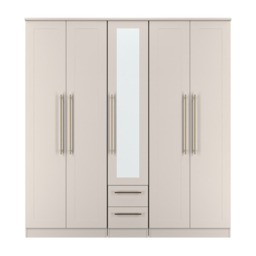 Helmsley Tall 5 Door 2 Drawer Single Mirror Wardrobe in Kashmir Matt (Ready Assembled) Cream Kashmir Matt