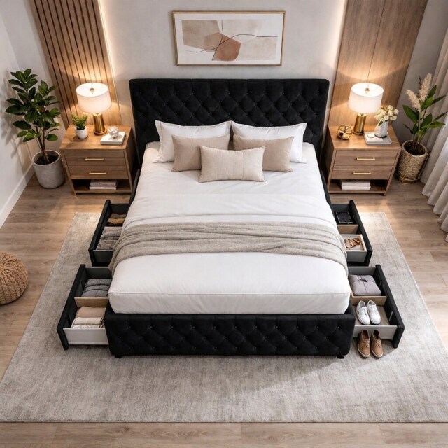 Black chesterfield small double plush velvet divan bed set with mattress 4 Drawers