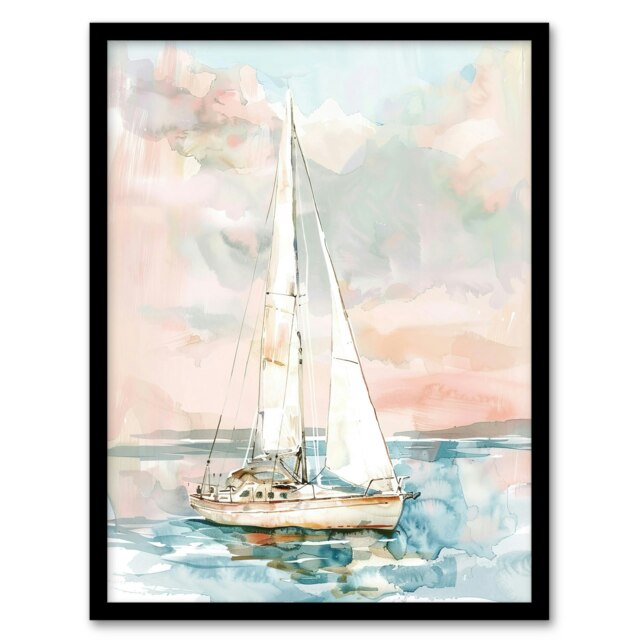 Sailboat Early Morning Seascape Watercolour Black Framed Wall Art Print A4