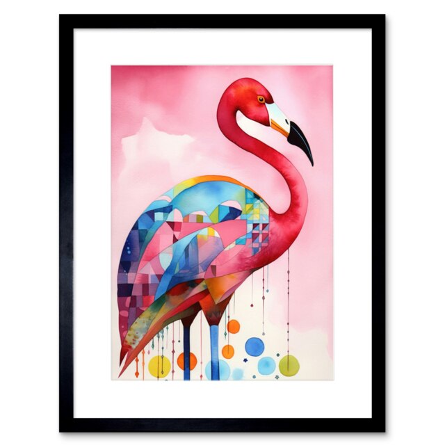 "Flamingo Bird Folk Art Watercolour Painting 9x7"" Black Framed Wall Art Print"