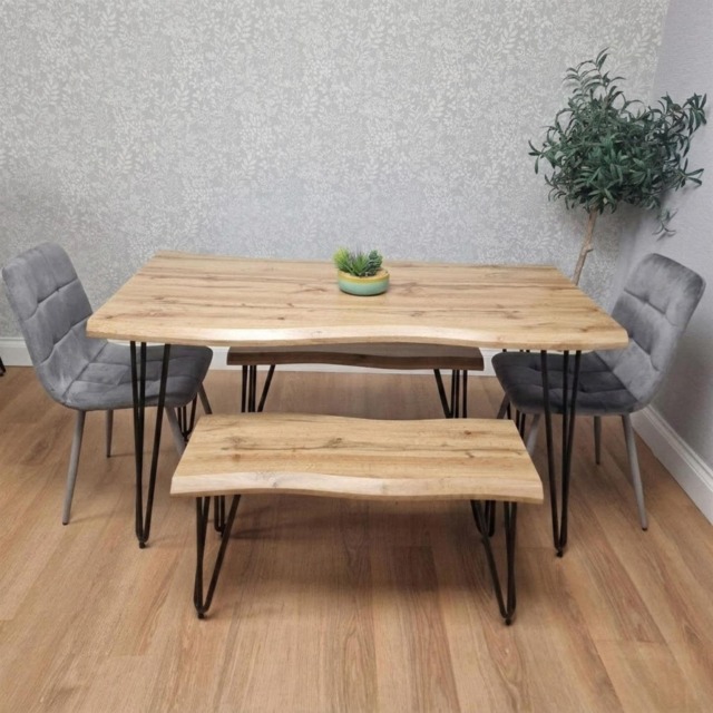 Brown Wooden Dining Table with 2 Grey Chairs and 2 Benches