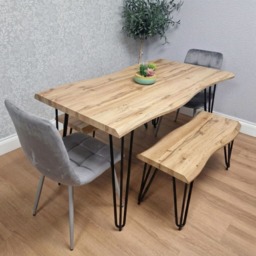 Brown Wooden Dining Table with 2 Grey Chairs and 2 Benches