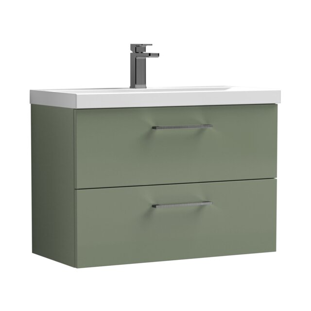 Balterley Wall Hung Bathroom 2 Drawer Vanity Unit and 1 Tap Hole Ceramic Basin, with Handles Green