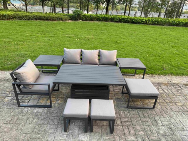 Fimous Aluminum Outdoor Dining Set Patio Dining Furniture Set Includes Adjustable Rising Lifting Dining Table Chairs with 3 Footstools 2 Side Tables