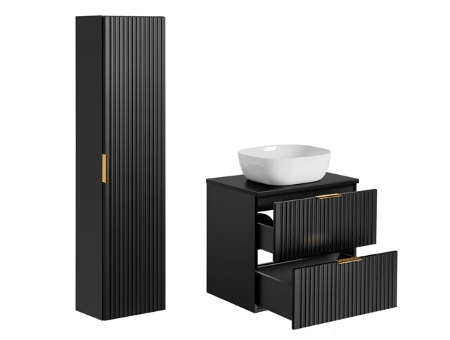Bathroom 600mm Vanity Unit with Countertop and Sink Floating Complete Modern Set Ribbed Textured Black - Adel