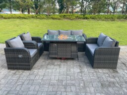 Fimous Dark Mixed Grey Rattan Outdoor Garden Furniture Gas Fire Pit Table Sets Gas Heater Lounge Love Sofa Reclining Chairs 7 Seater