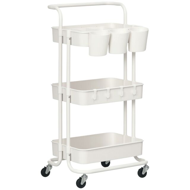 HOMCOM 3 Tier Utility Rolling Cart, Kitchen Cart with 3 Removable Mesh Baskets, 3 Hanging Box, 4 Hooks and Dividers for Living Room, Laundry, Garage, White