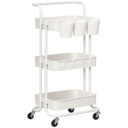 HOMCOM 3 Tier Utility Rolling Cart, Kitchen Cart with 3 Removable Mesh Baskets, 3 Hanging Box, 4 Hooks and Dividers for Living Room, Laundry, Garage, White