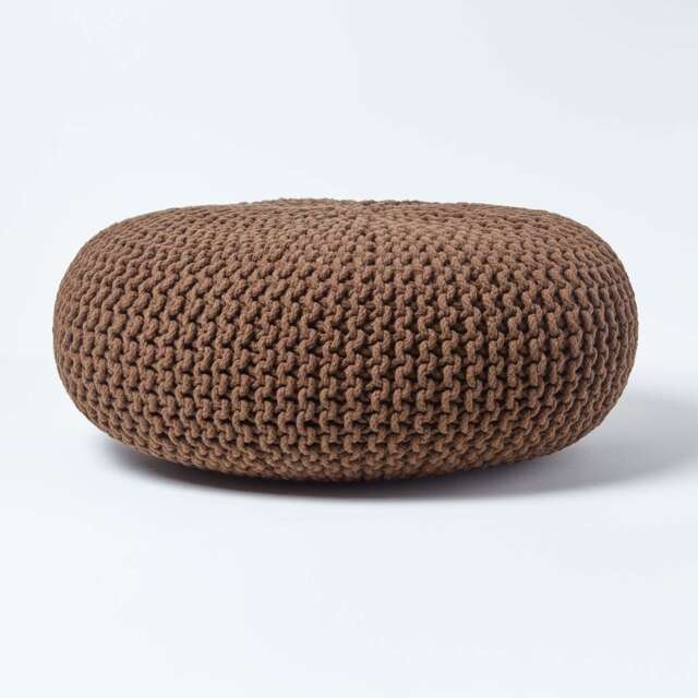 Homescapes Chocolate Brown Large Round Cotton Knitted Pouffe Footstool