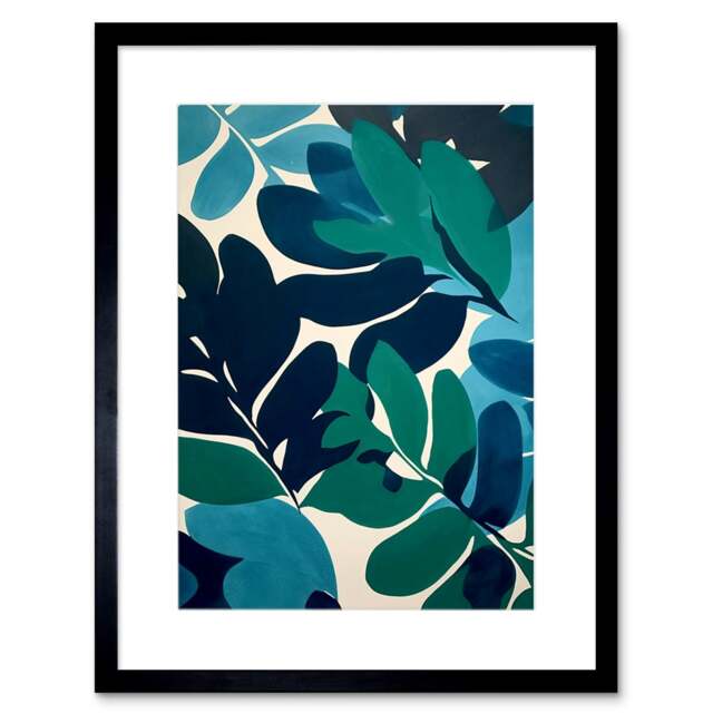 "Matisse Style Leaves Watercolour Blue Green Boho Leaf 9x7"" Black Framed Wall Art Print"