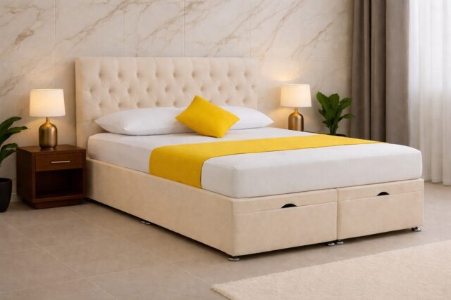Lift Open Ottoman Cream Chesterfield Plush Velvet 5ft Kingsize Bed Set