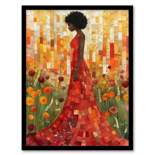 Wildflower Meadow Woman Flower Mosaic Home Decor Black Framed Wall Art Print A4