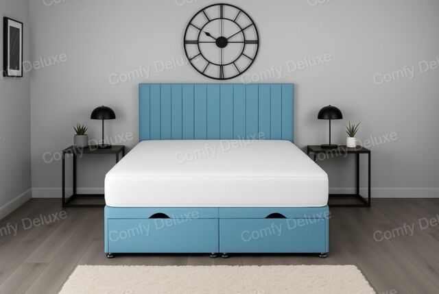 Divan Sky Blue Ottoman Storage Bed Set with Headboard and Mattress 3ft Single