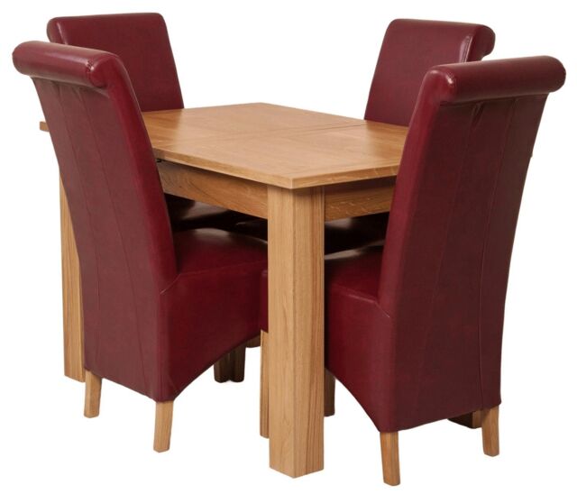 Hampton 120-160cm Oak Extending Dining Table and 4 Montana Leather Chairs Red Red