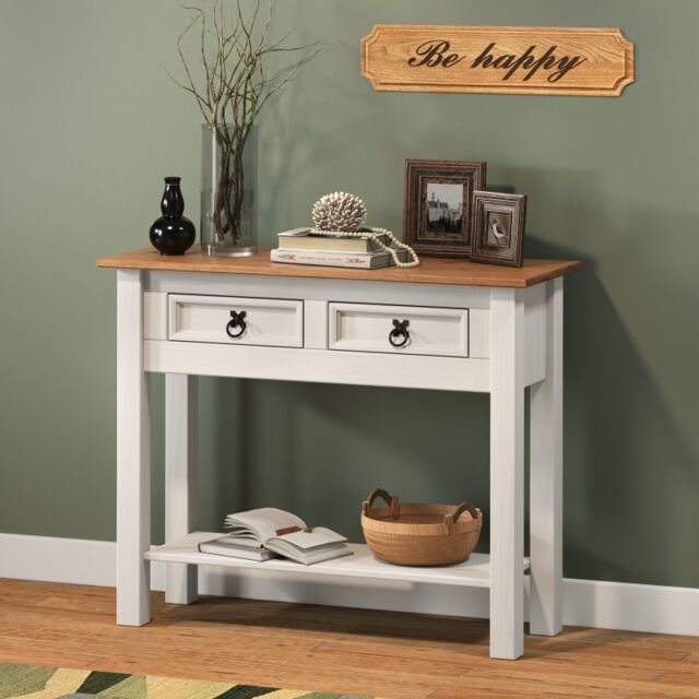 Mercers Furniture Corona Console Table White 2 Drawer 1 Shelf Hallway Side Unit Solid Wood Pine Wooden with Mexican Styling
