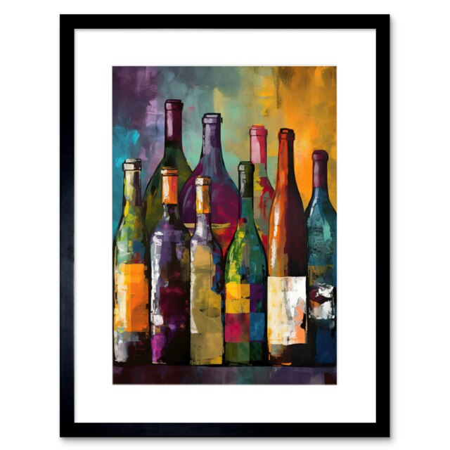 "White Rose Red Glass Wine Bottles Kitchen 9x7"" Black Framed Wall Art Print"