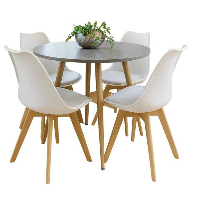 Dining Table and 4 Chairs Grey Round Wood Table 4 White Plastic Chairs Dining Room Furniture