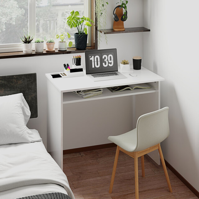 HOMCOM Modern Computer Desk, Home Office Table, Small Writing Desk with Storage Shelf, 90 x 50cm, High Gloss White