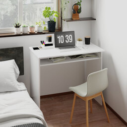 HOMCOM Modern Computer Desk, Home Office Table, Small Writing Desk with Storage Shelf, 90 x 50cm, High Gloss White