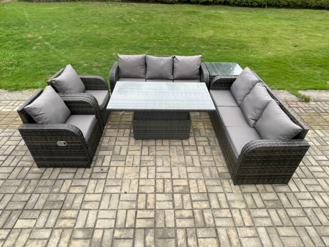 Fimous PE Rattan Outdoor Garden Furniture Sets Height Adjustable Rising lifting DiningTable Sofa Set with Reclining Chair Side Table Dark Grey Mixed