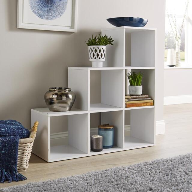 Step Style Storage Cube 6 Shelf Bookcase Wooden Display Staircase Unit White White