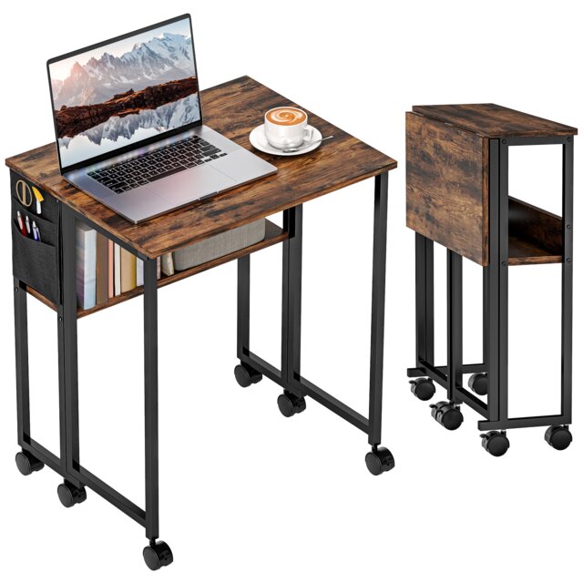 HOMCOM 63 cm Foldable Computer Desk on Wheels for Small Spaces Rustic Brown