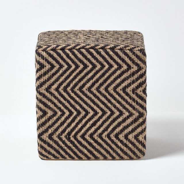 Homescapes Black and Off-White Herringbone Jute Cube Pouffe - 36 x 36 x 38 cm