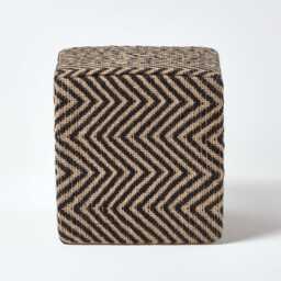Homescapes Black and Off-White Herringbone Jute Cube Pouffe - 36 x 36 x 38 cm