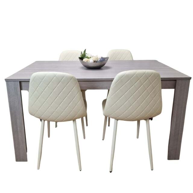 Modern Grey Rectangle Dining Table Set With 4 Cream Gem Chairs Dining Room Furniture