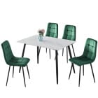 120cm Ceramic Top Dining Table & 4 Plush Velvet Chairs With Metal Leg Modern Set Multi White Matt + 4 Green Velvet Chairs