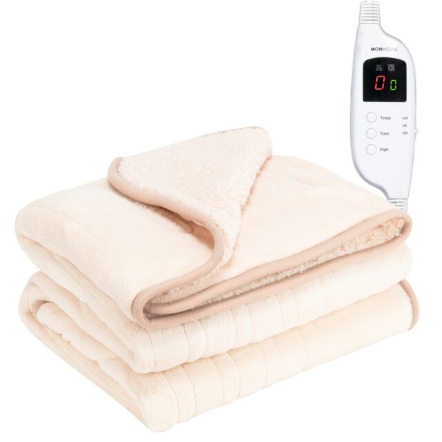 Monhouse Heated Throw - Electric Blanket - Digital Controller - 9H Timer, 9 Heat Settings, Auto Shutoff - Single 130X160Cm Cream Beige Shearling 1