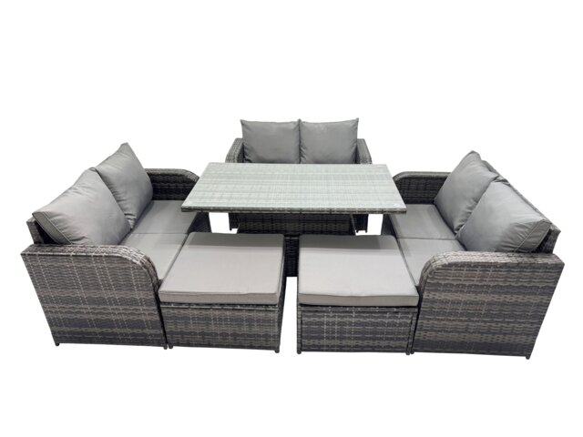 Fimous 8-seater Patio Height Adjustable Rising Lifting Table Sofa Sets Rattan Garden Furniture Dining Set with 2 Big Stools Dark Grey Mixed