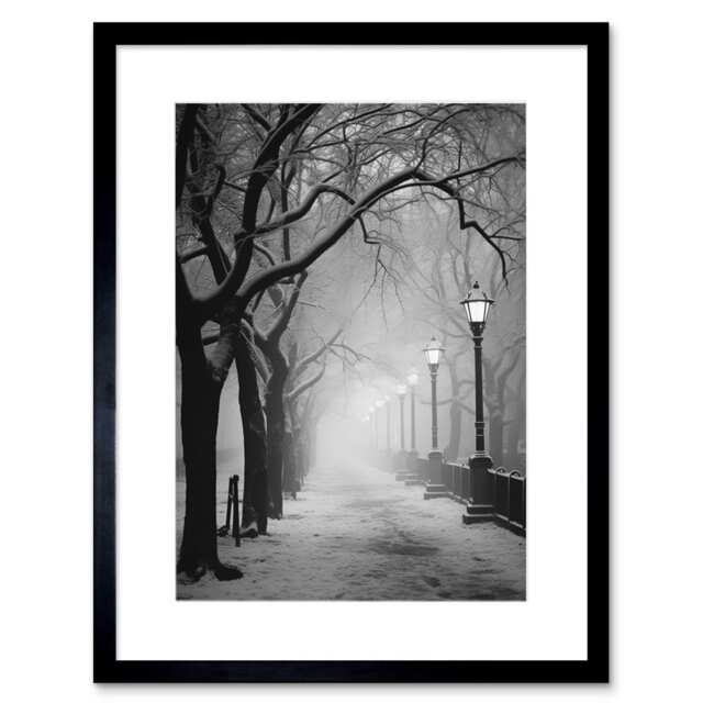 "Snow Covered Street Misty Glow Light Posts 9x7"" Black Framed Wall Art Print"