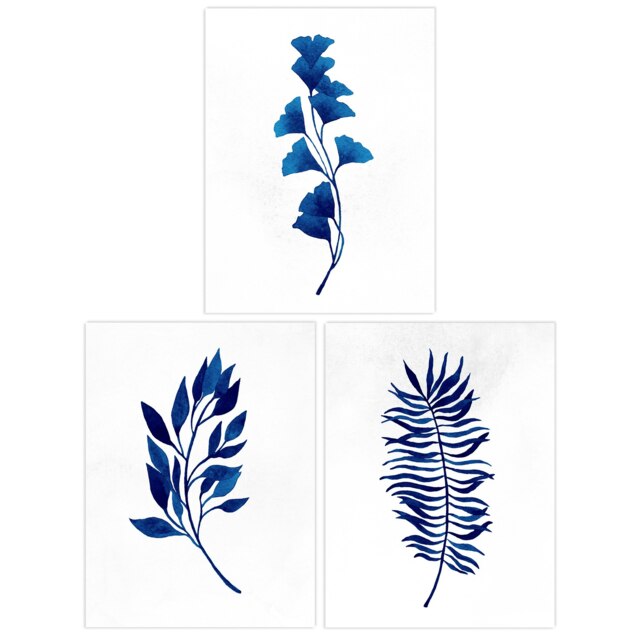 Set of 3 Flower Plant Leaf Blue Watercolour Botanical Home Decor Wall Art Print A4