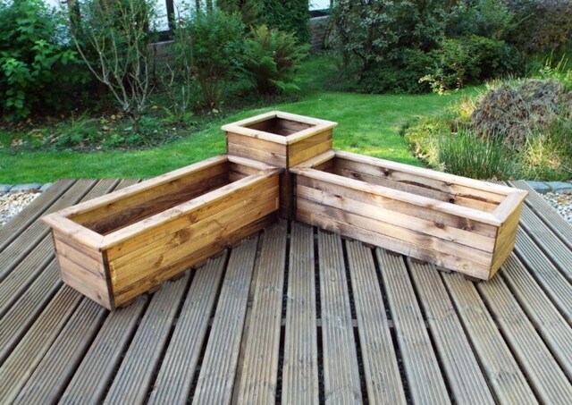 Three Piece Corner Planter Set, Wooden Garden Pots/Tubs for Plants - W130 x D130 x H38.5 - Fully Assembled Brown