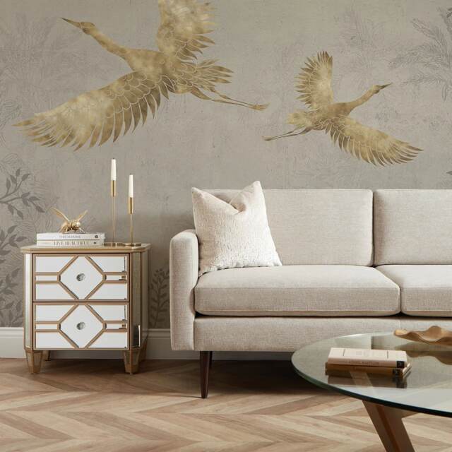 Oriental Cranes Full Wall Mural in Stone with Gold Effect Gold Stone With Gold Effect Large (300cm x 240cm), Extra Large (350cm x 240cm)